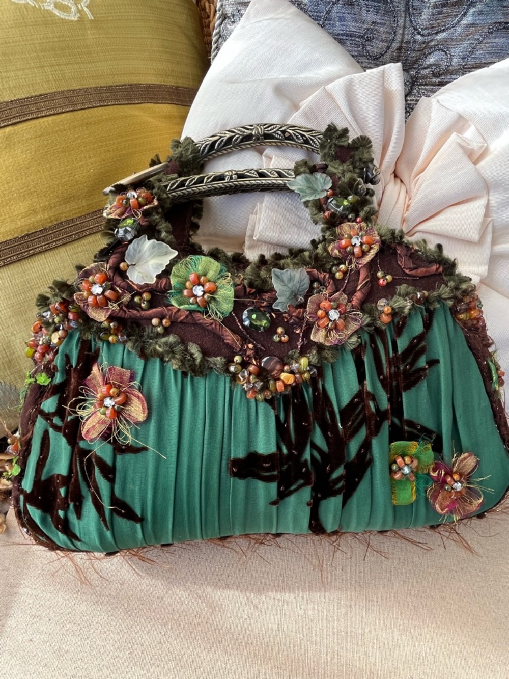 Mary Frances Vintage Green Floral Embellished Satin Handbag